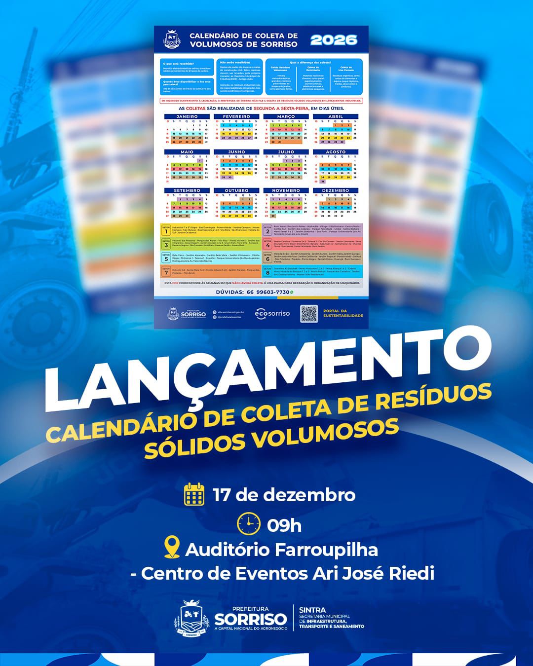 Secretaria de Obras lança calendário da coleta de lixo para 2026 em Sorriso